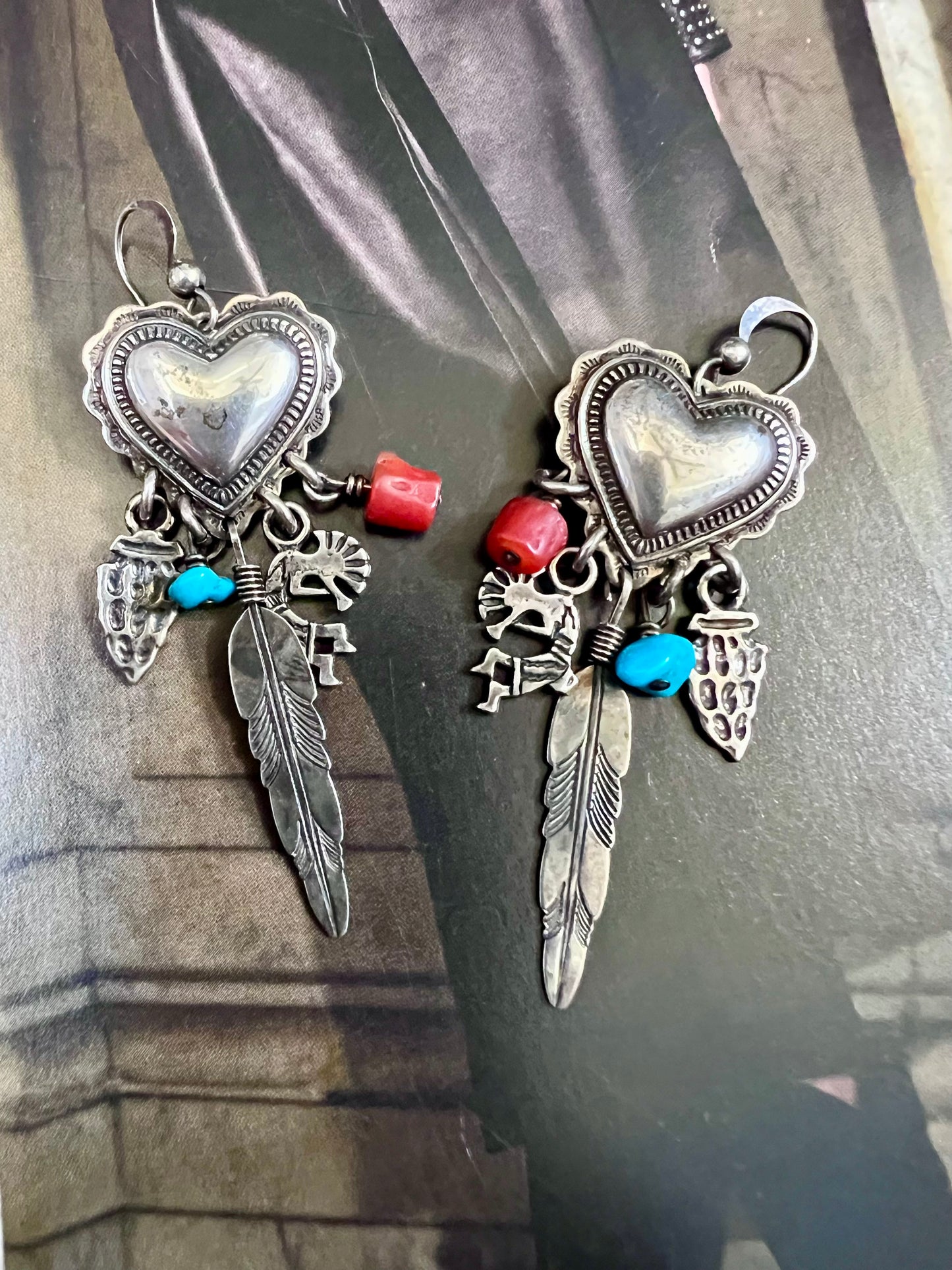 Sterling Silver, Red Coral & Turquoise Heart, Arrowhead, Kokopelli & Feather Dangle Post Earrings 2.5”
