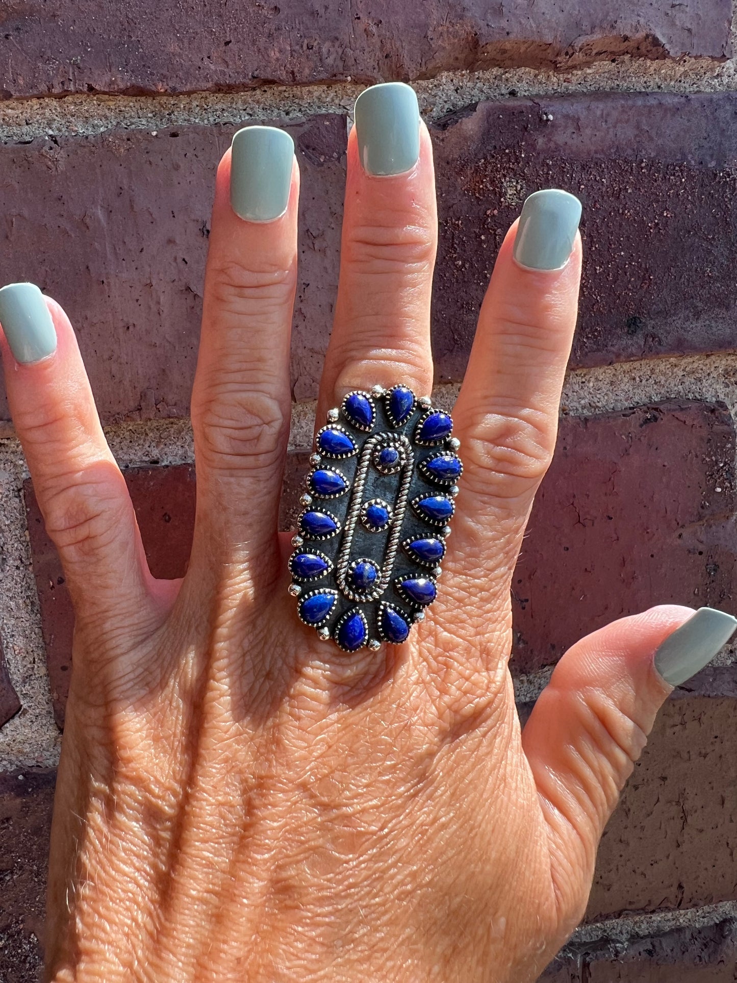 Sterling Silver & Blue Lapis Cluster Ring Sz 8