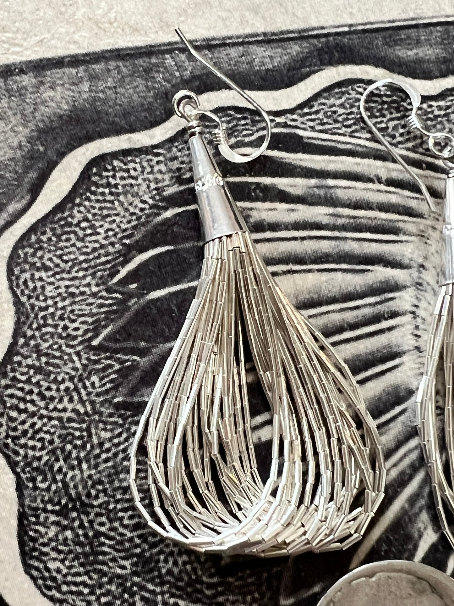 Sterling Liquid Silver Heishi 20-strand Dangle Hoop Earrings 2.5”