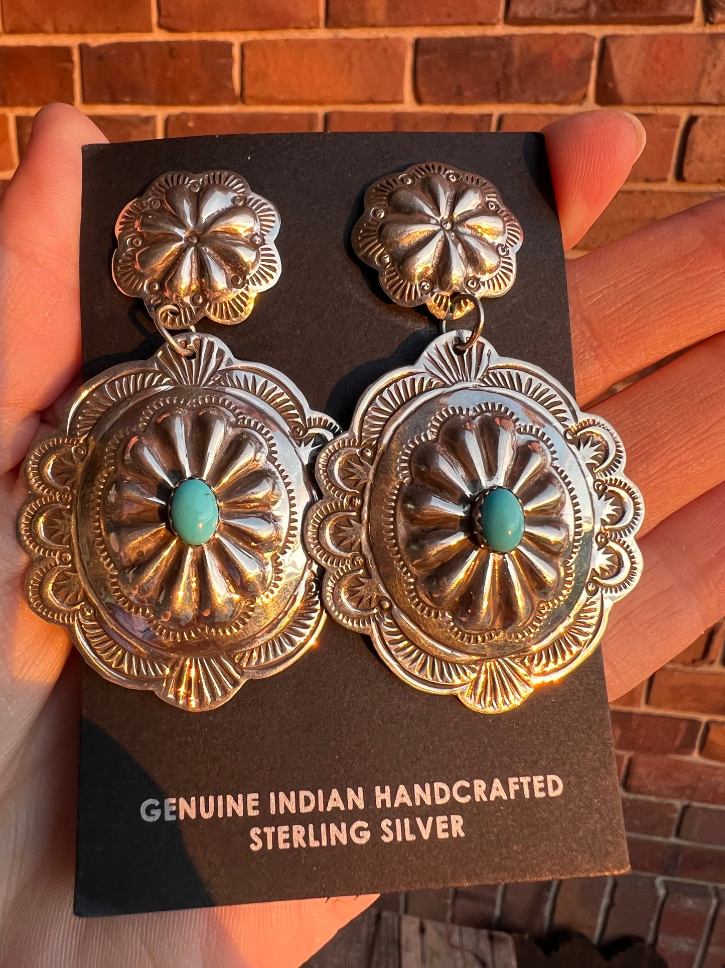 Handmade by GENEVIEVE BLACKGOAT- Sterling & Turquoise Concho Post Dangle Earrings