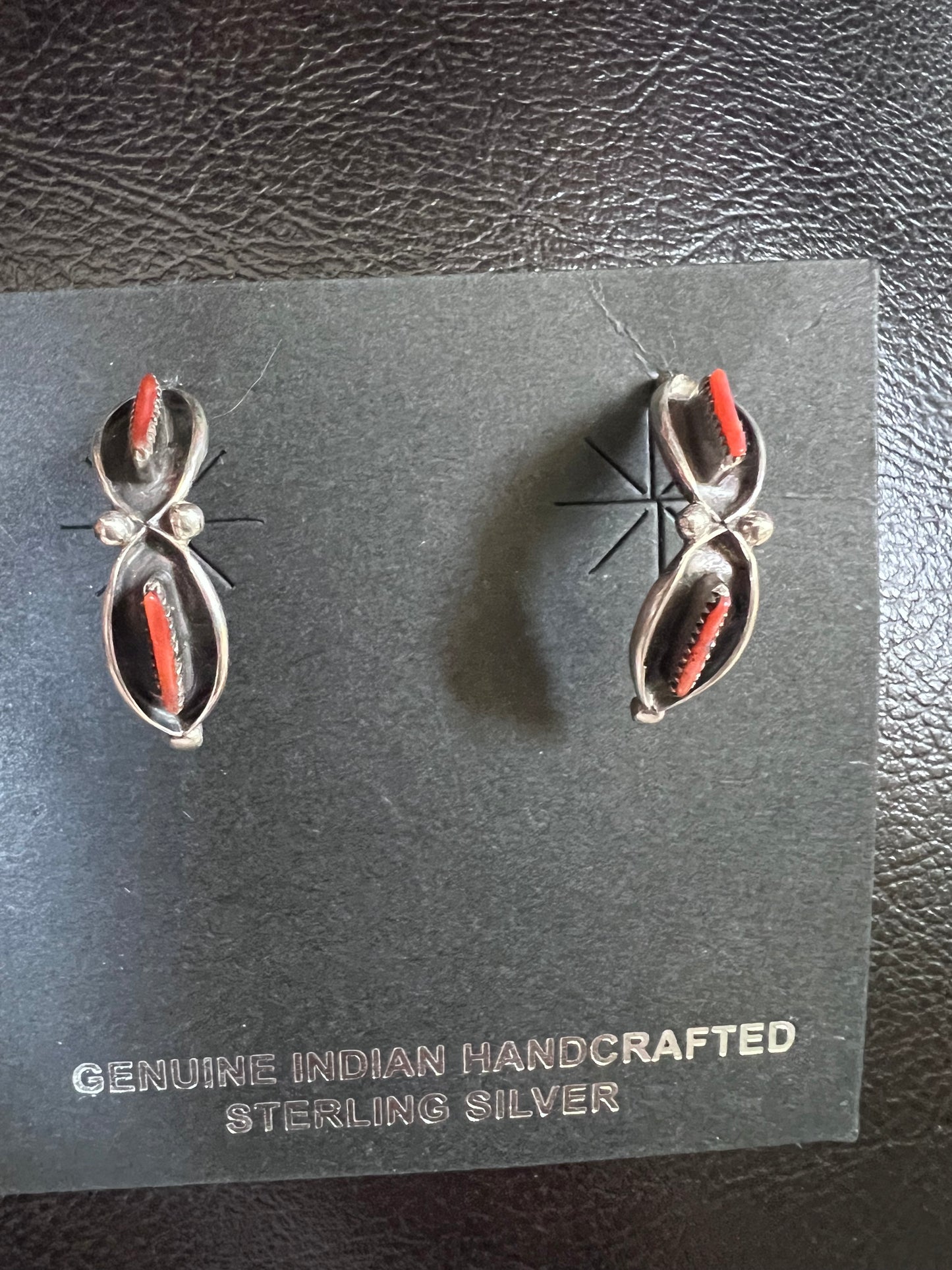 Native Navajo Handmade Red Mediterranean Coral & Sterling Half-hoop Post Earrings 3/4”