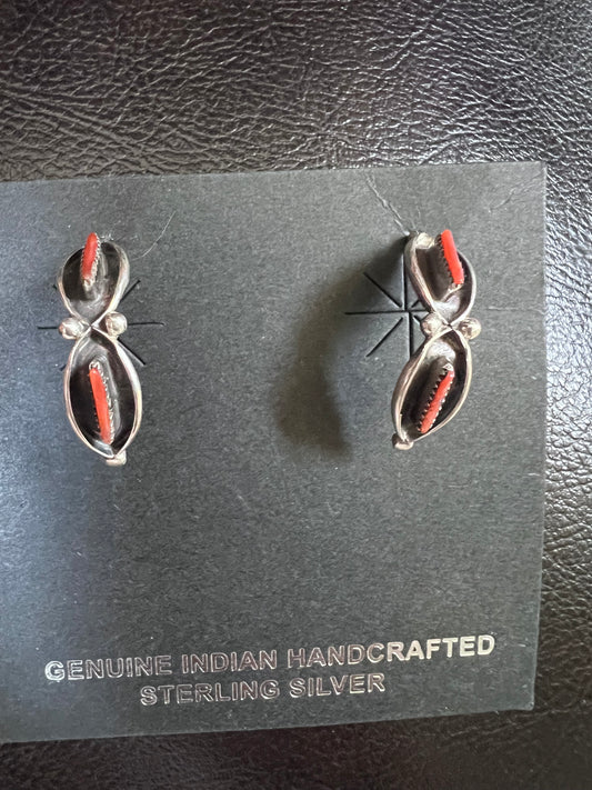 Native Navajo Handmade Red Mediterranean Coral & Sterling Half-hoop Post Earrings 3/4”