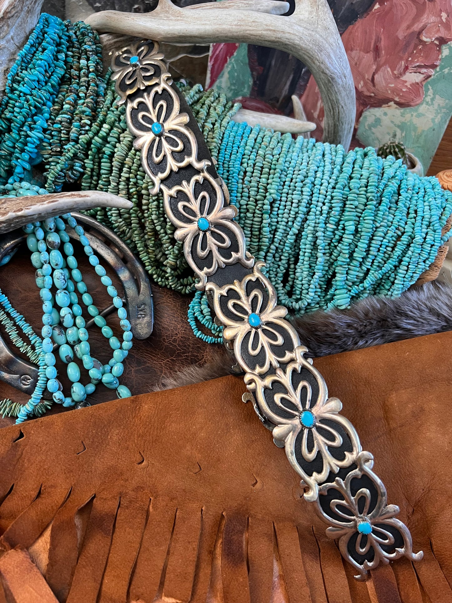 Vintage Navajo Handmade  Sterling Silver Sandcast Buckle Belt with Kingman Turquoise 35”