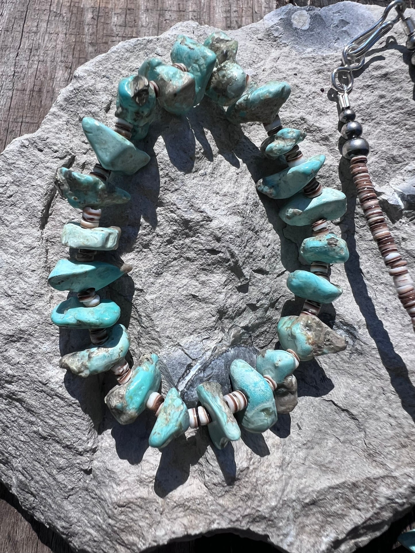 Handmade Chunky Campitos Turquoise, Olive Shell Heishi w/ Sterling Beads & Clasp Necklace & Bracelets Set