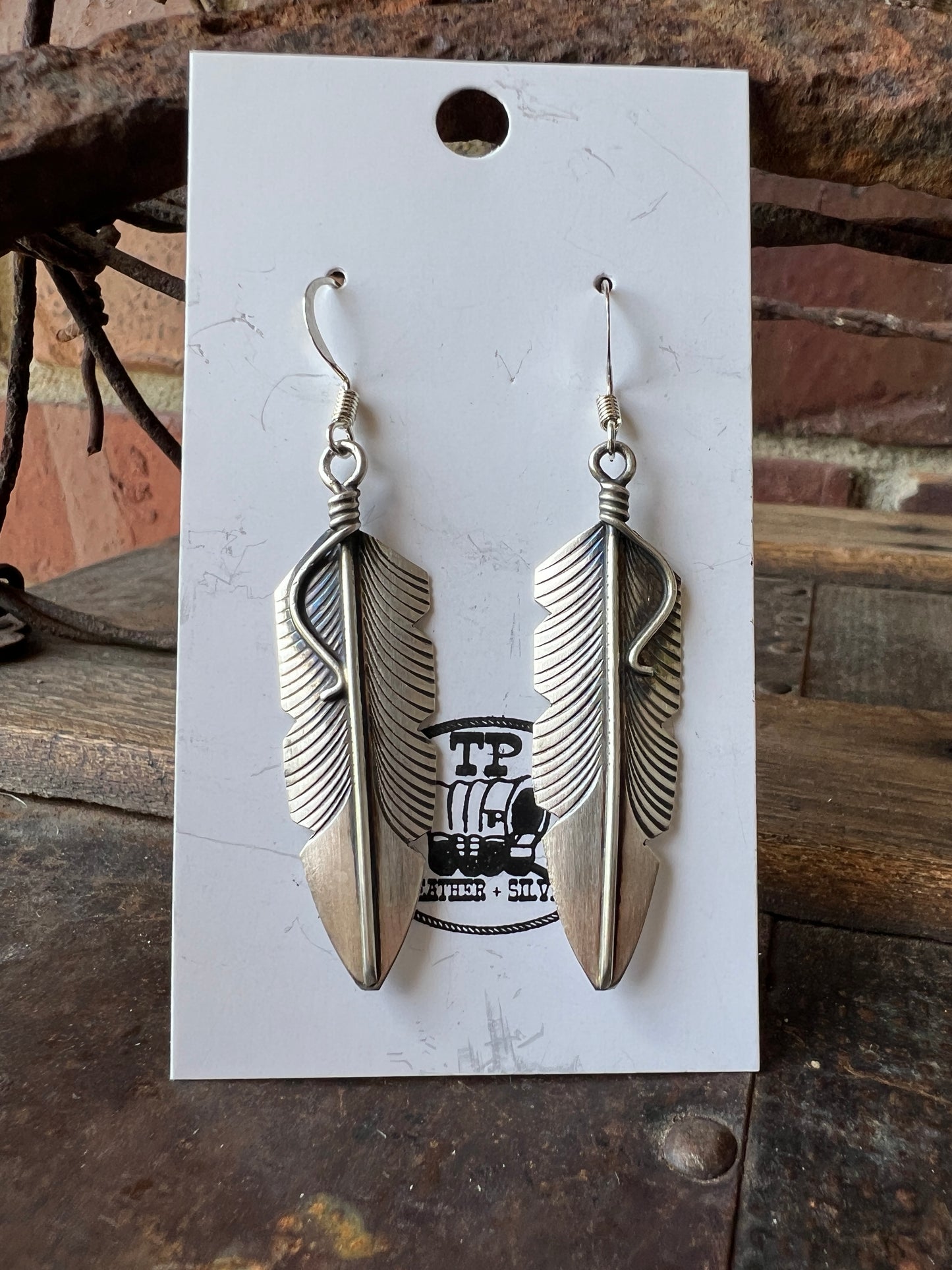 Navajo handmade by Chris Charley Sterling Silver Feather Dangle Earrings 2 3/8”
