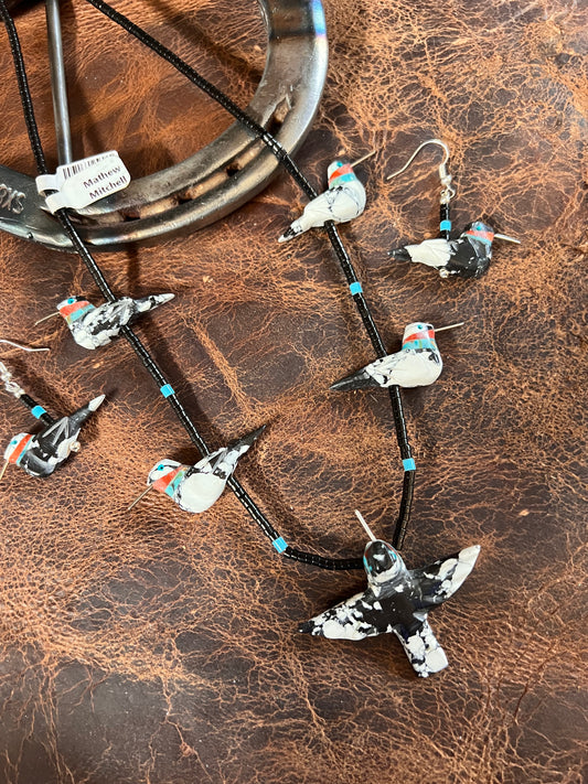 Handmade by Matthew Mitchell White Buffalo Humming Bird Fetish Earrings & Necklace 25”