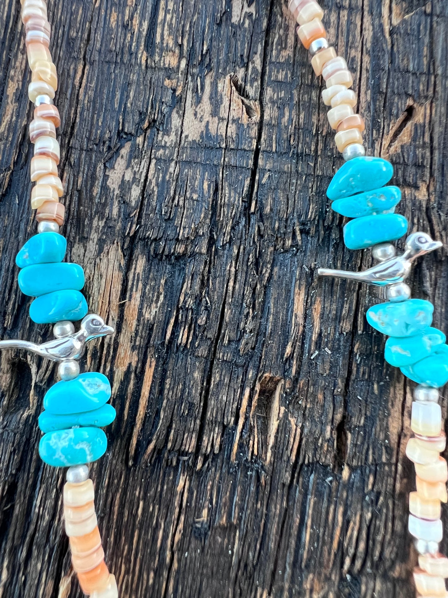 Turquoise, Shell, Sterling Bird Fetish and bead 16” Necklace & Earring 2”  Set