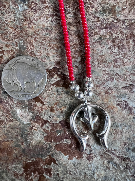 Sterling & Red Coral Naja Pendant 1” Necklace 16”