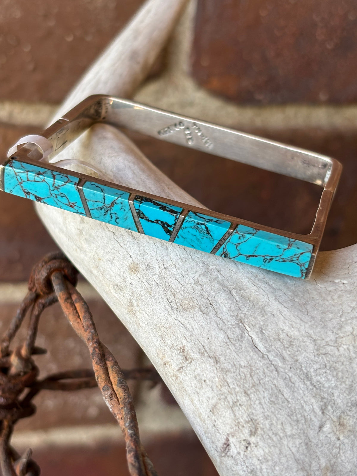 Rare!! Vintage Taxco Mexico Sterling Silver & Inlay Turquoise Square Bangle Bracelet Sz 7