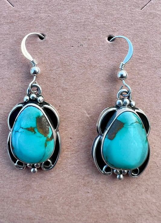 Native Navajo Handmade Sterling & Carico Lake Turquoise Dangle Earrings 1.5”