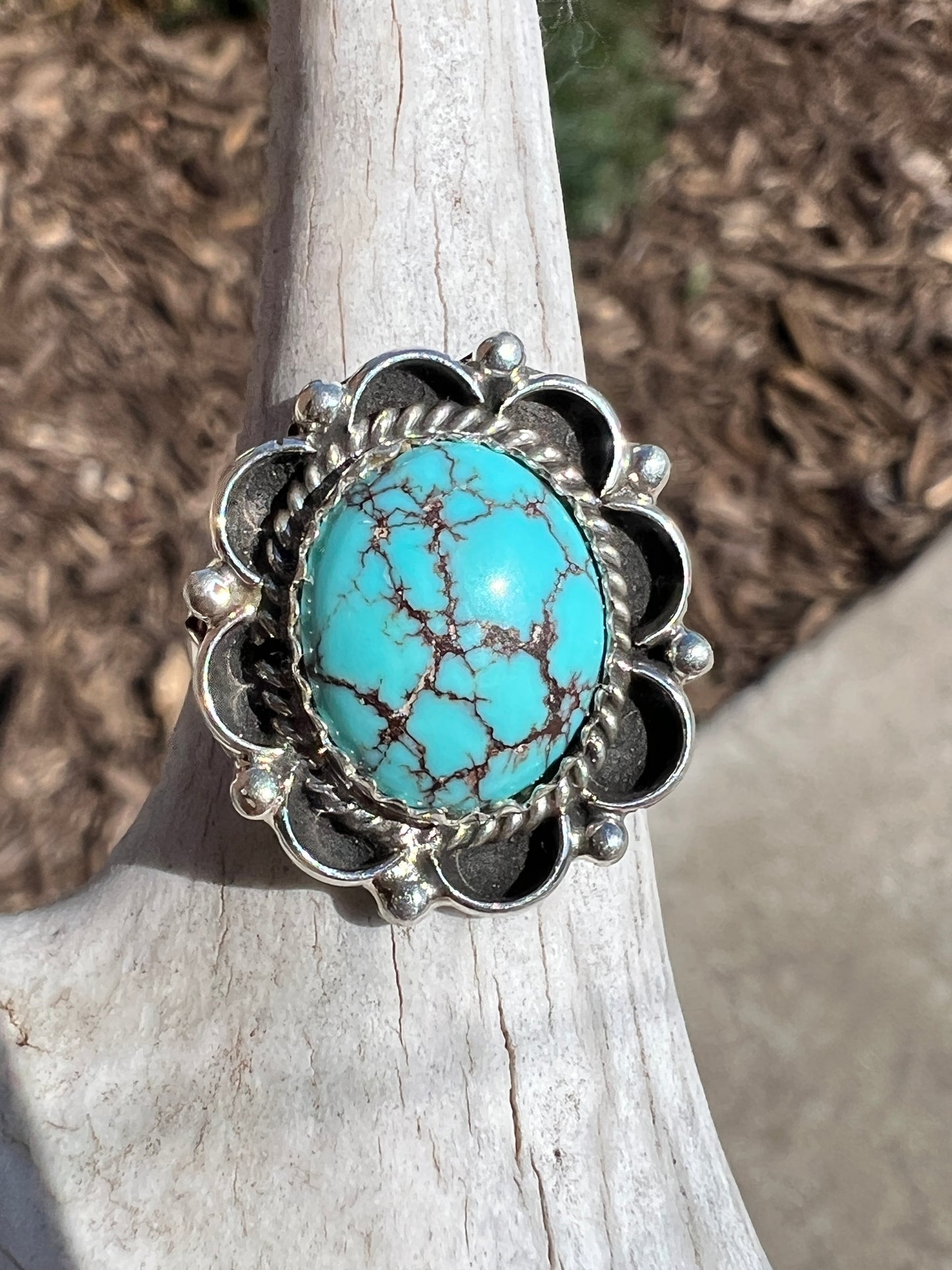 Prince Turquoise & Sterling Silver Ring- Navajo Handmade & signed “M” Size 7