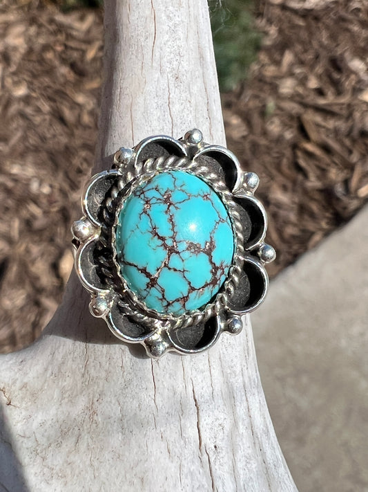 Prince Turquoise & Sterling Silver Ring- Navajo Handmade & signed “M” Size 7