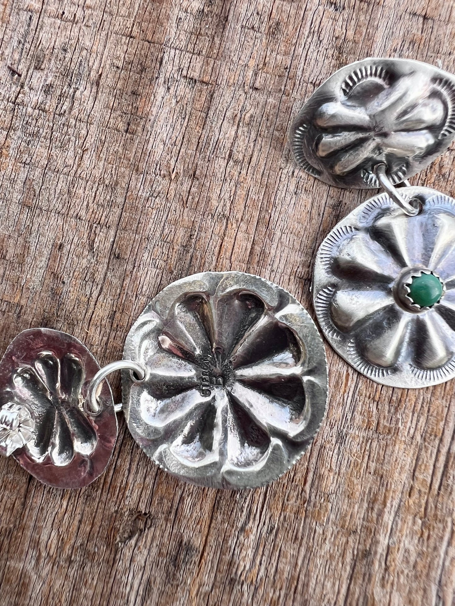Native Navajo Handmade Sterling & Green Turquoise Concho Dangle Post Earrings 1.75”