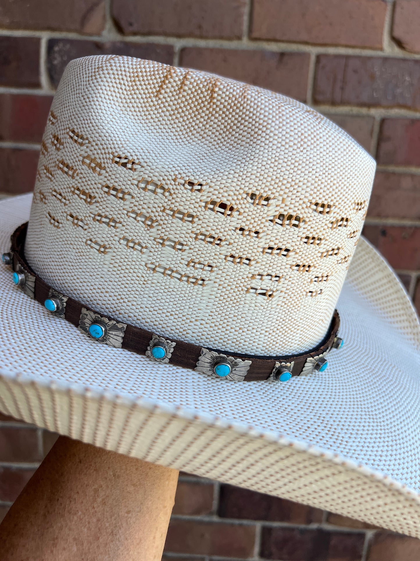 Sterling Silver & Turquoise on Brown Leather Hatband- Navajo Handmade by Marlene Ramone 27” x 1/2”