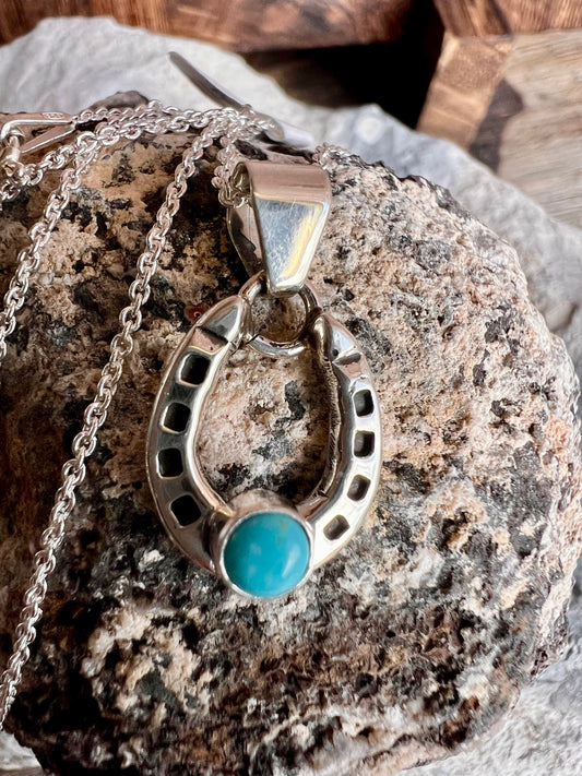 Handmade Turquoise Horse Shoe Pendant on a Sterling Rolo Chain Necklace 18”