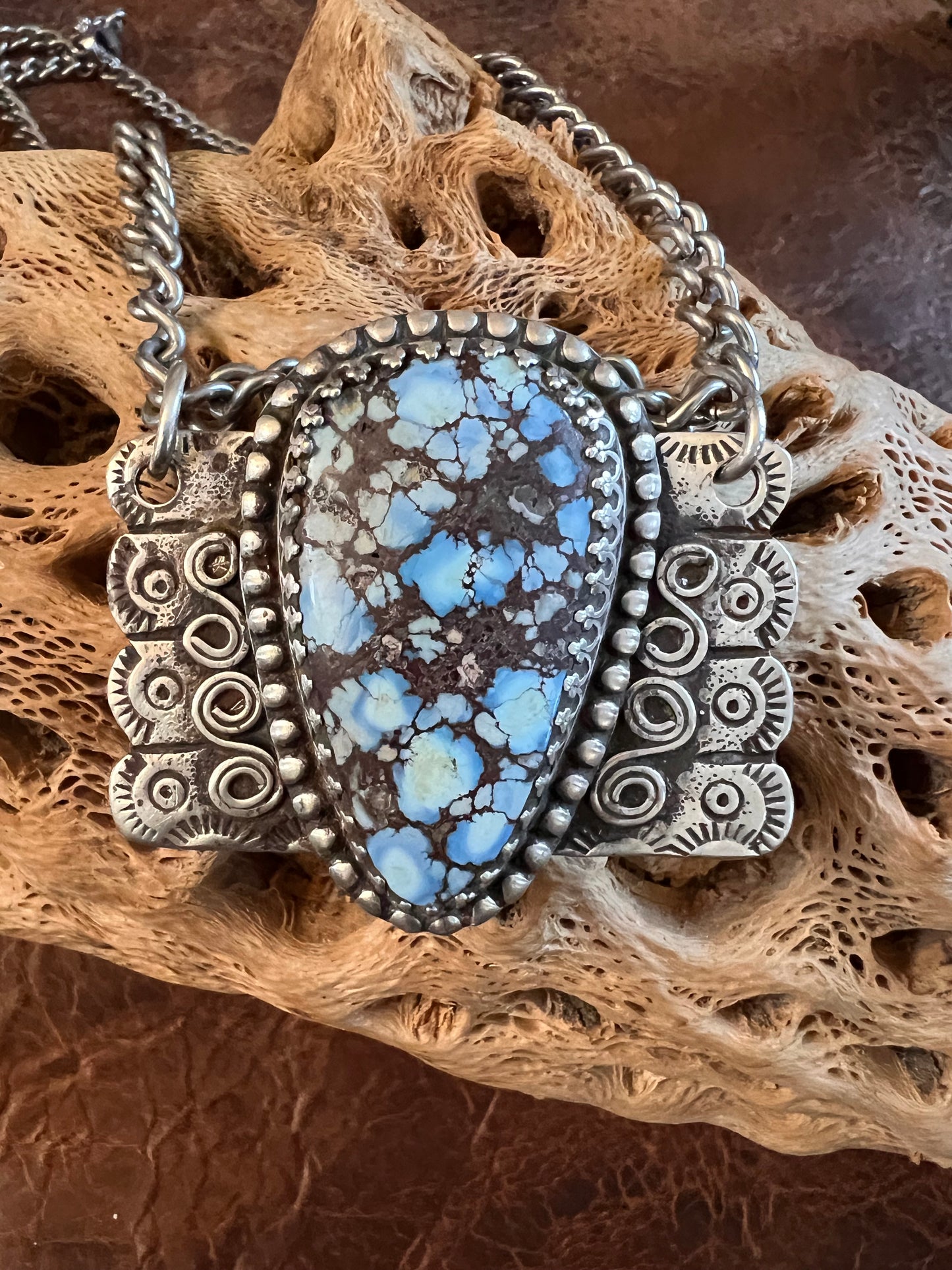 GORGEOUS Golden Hills Turquoise & Sterling Reversible Pendant with Cactus Design on a Heavy Sterling Chain Necklace - Handmade by Kathy Sands!!!!!