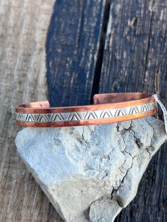 Native American Handmade by Wylie Secatero Copper & Stamped Sterling Cuff Sz 6.75”