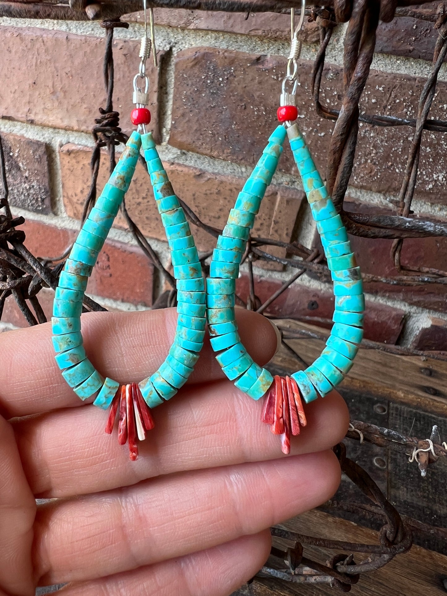 Handmade by Lupe Lovato, JACLA EARRINGS Kingman Turquoise, Red Spiny Oyster & Coral 3.5”