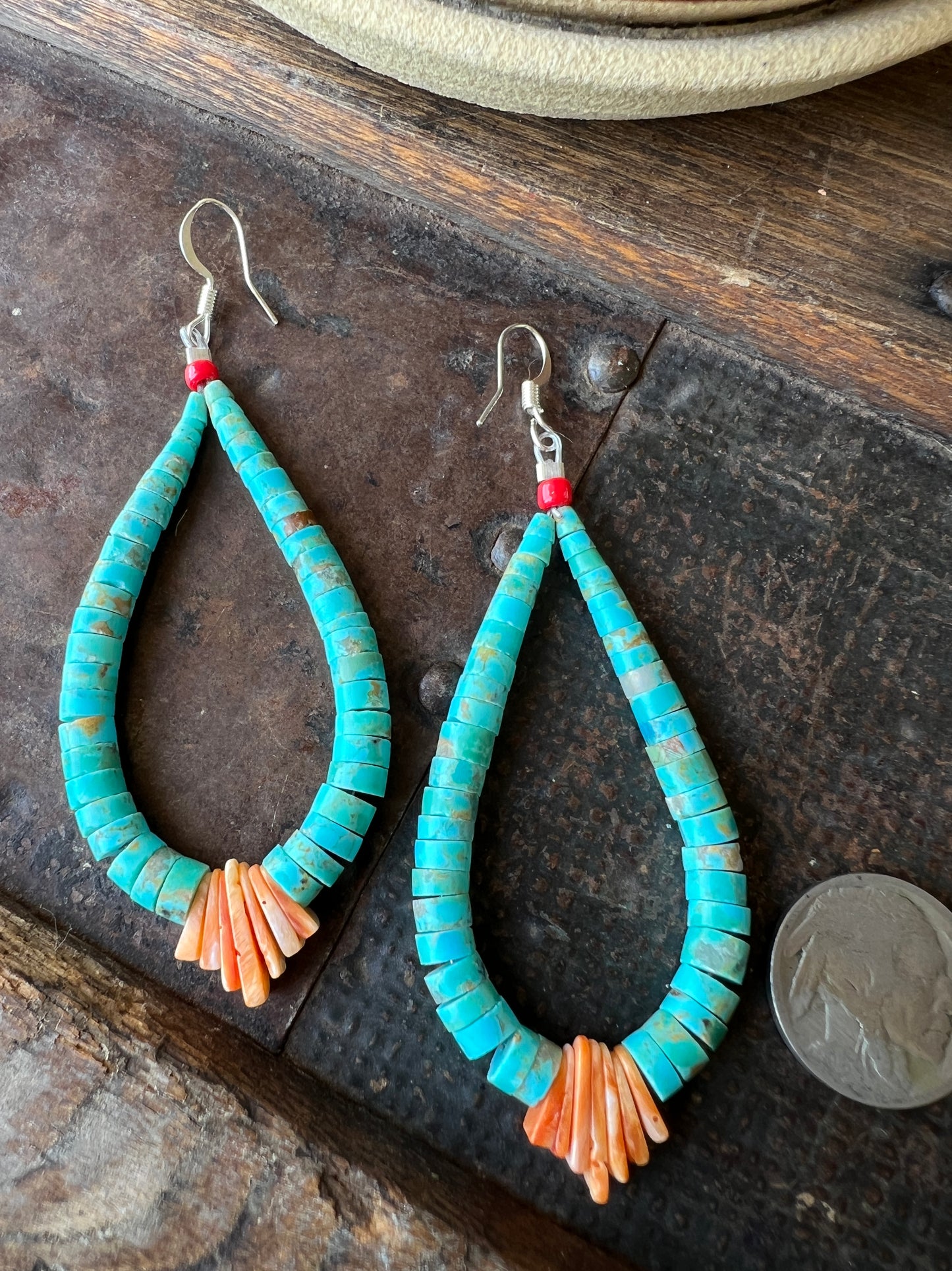 Handmade by Lupe Lovato, JACLA EARRINGS Kingman Turquoise, Orange Spiny Oyster & Coral 3.5”