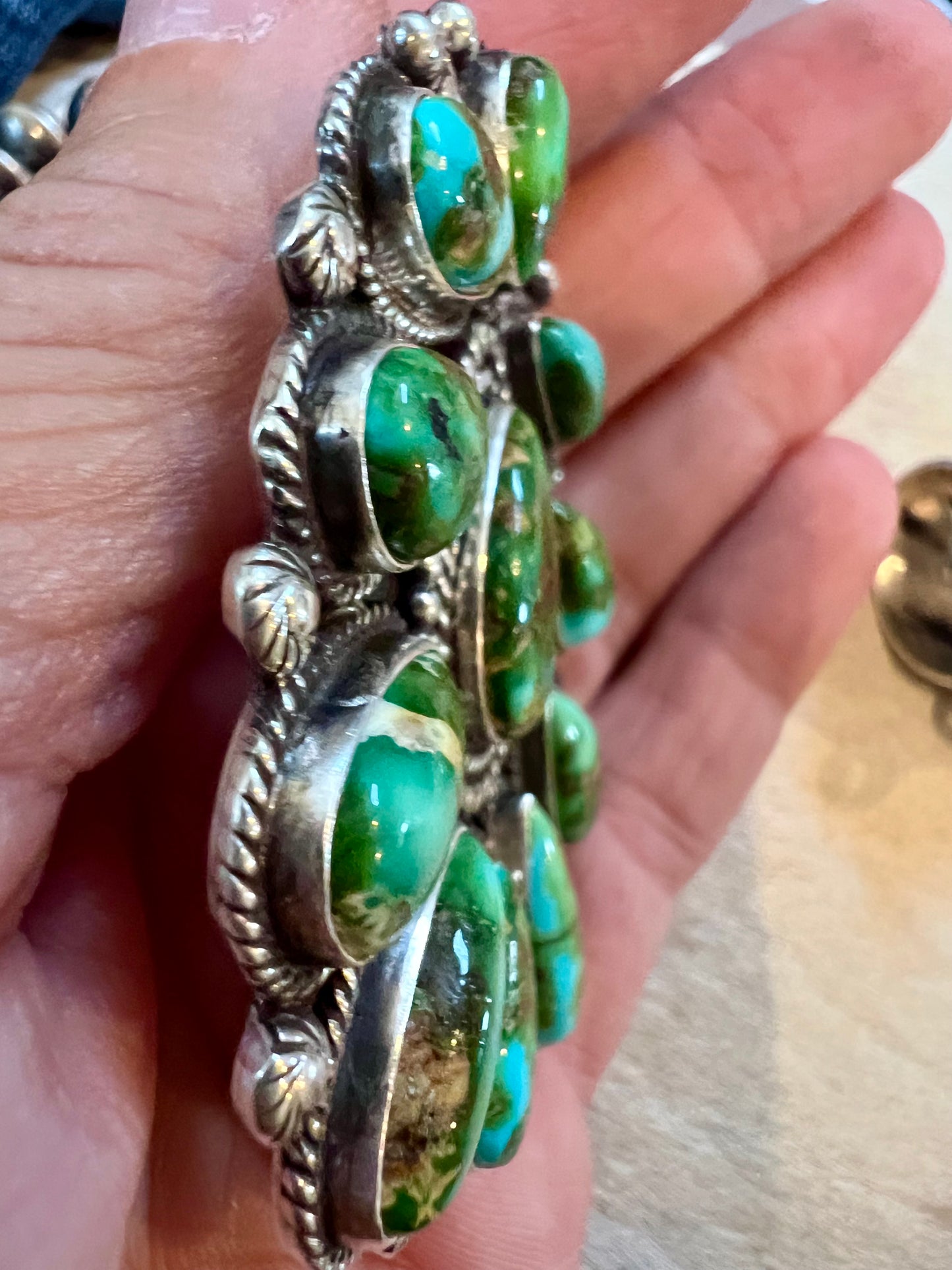 Navajo Handmade by Tyler Brown- Statement Piece!! Sonoran Gold Turquoise & Sterling Cluster Pendant with Detachable Bale- Shepherds Hook Option 3.5”x 2”