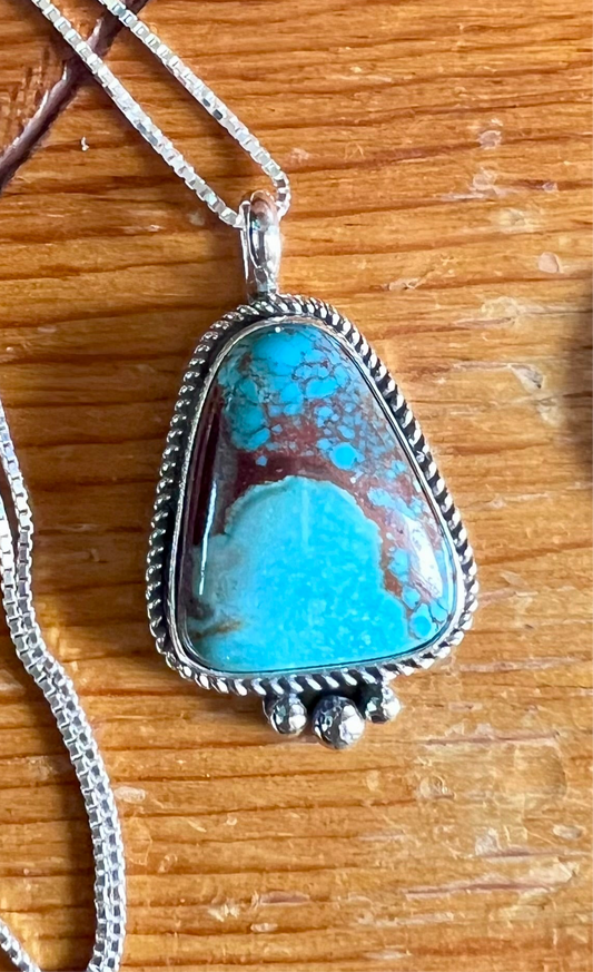 Handmade Sterling & Carico Lake Turquoise Pendant w/ 16” Sterling Box Chain