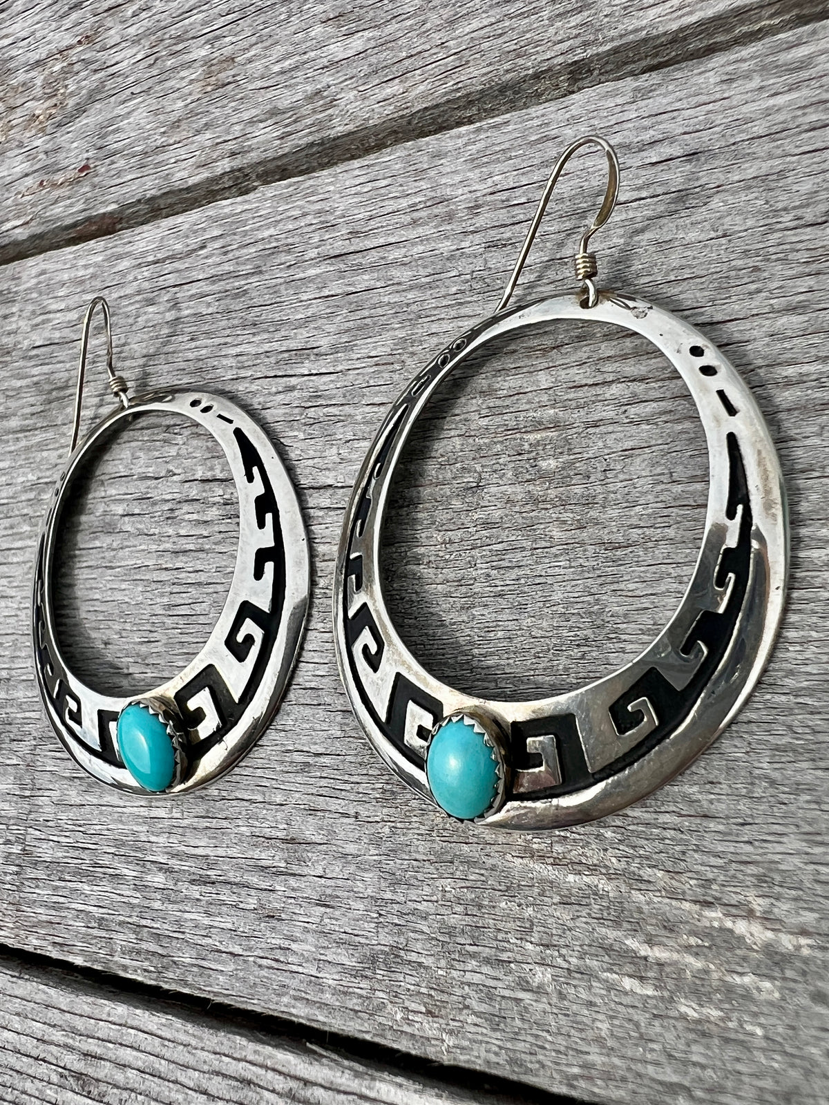 Vintage Navajo Handmade by TR Singer- Sterling & Turquoise Overlay Hoop Dangle Earrings 2”x1.4”