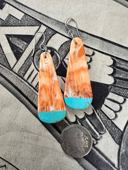 Navajo Handmade by Marcella Castillo- Orange Spiny & Turquoise Dangle Earrings 2.5” long