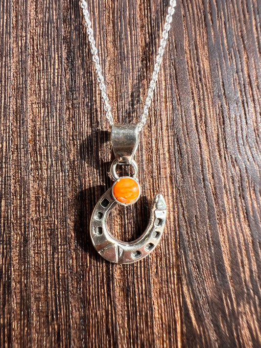 Handmade Orange Spiny Oyster Horse Shoe Pendant on a Sterling Rolo Chain Necklace 18”