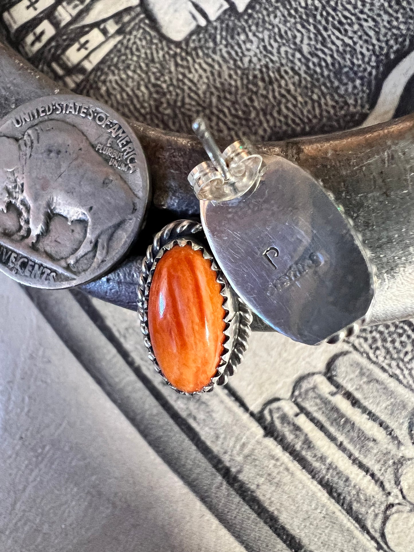 Orange Spiny Sterling Oval Post Earrings