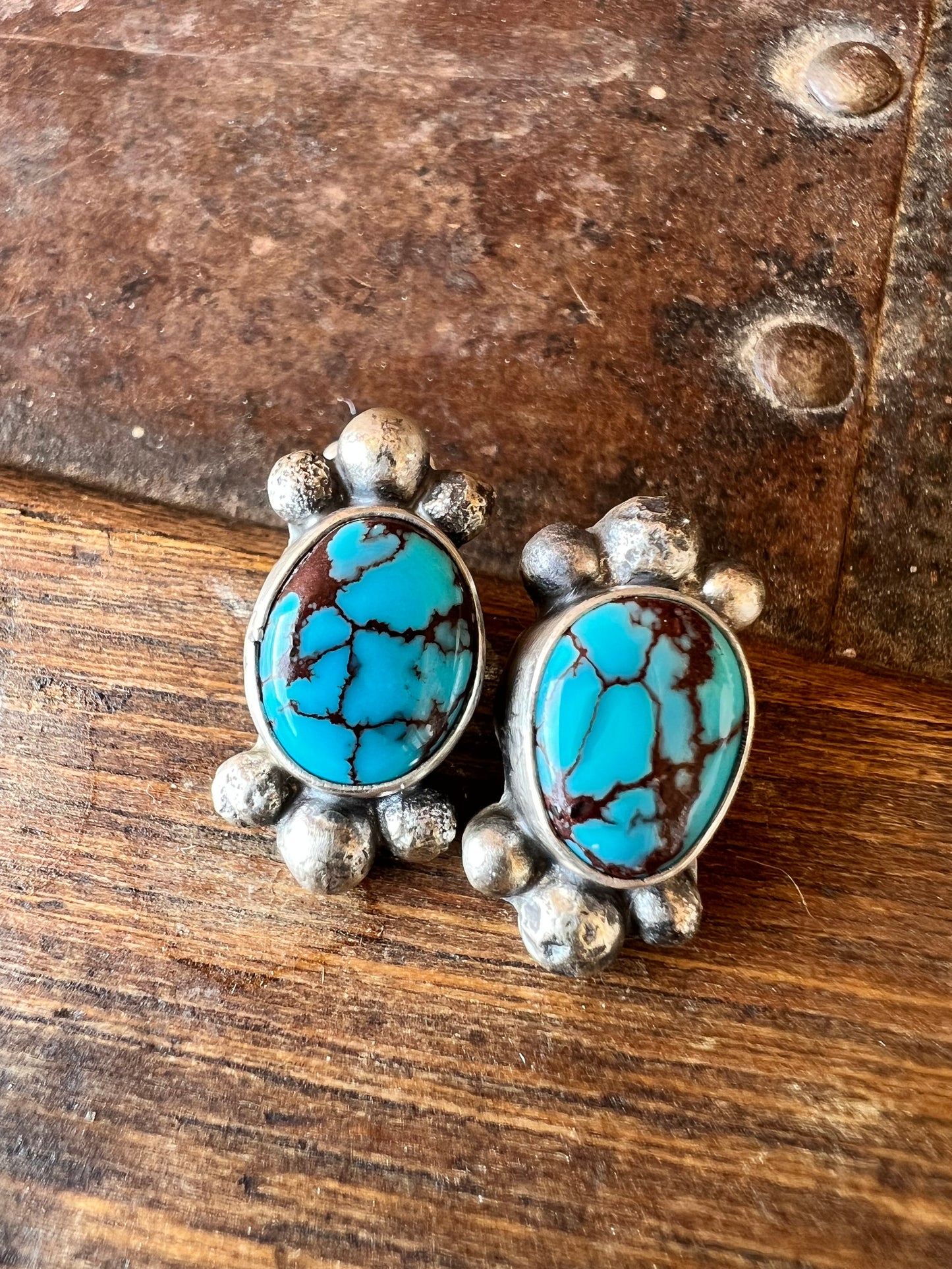 Handmade Prince Egyptian Turquoise & Sterling Post Earrings .8” x .42”