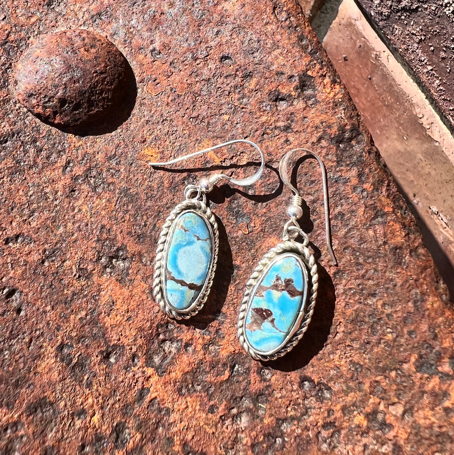 GoldenHills Turquoise & Sterling Silver Dangle Earrings- Navajo Handmade by L. Silversmith
