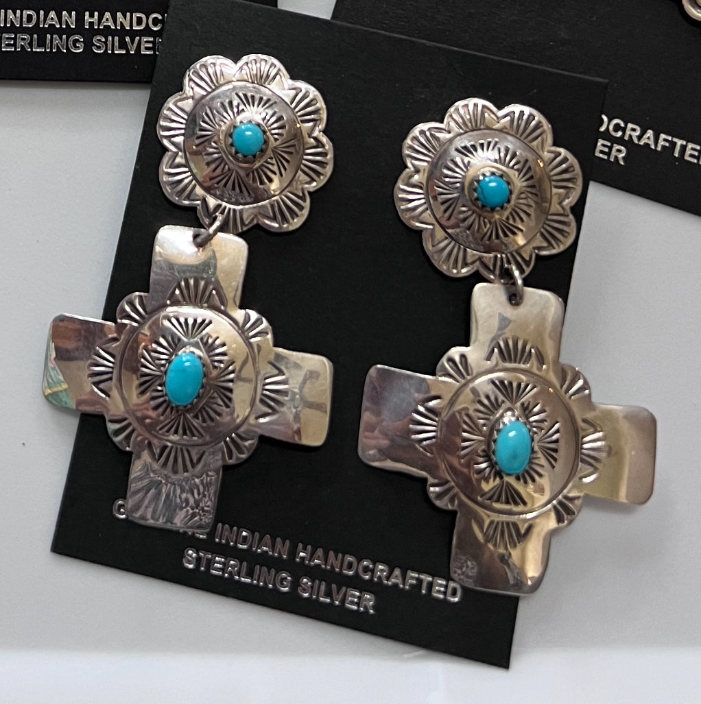 Native American Handmade by Bertha Begay- Sterling & Turquoise Concho Cross Dangle Post Earrings 2.5”