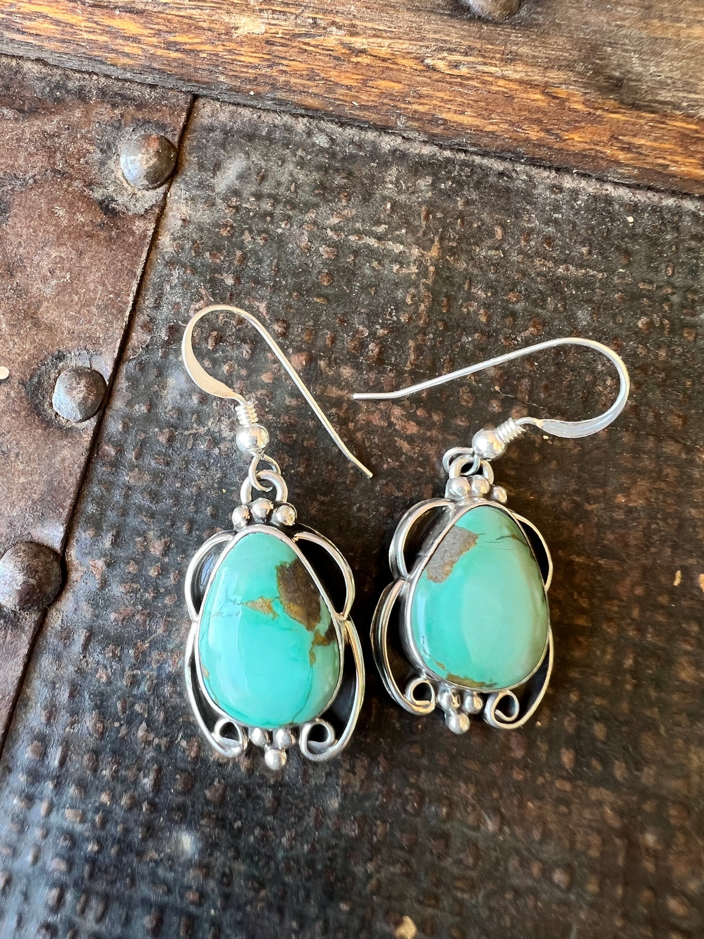 Navajo Handmade Sterling & Carico Lake Turquoise Dangle Earrings 1.5”