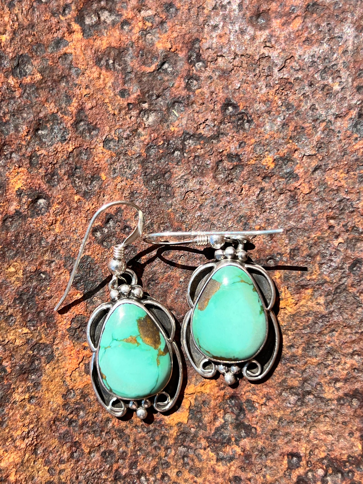 Navajo Handmade Sterling & Carico Lake Turquoise Dangle Earrings 1.5”