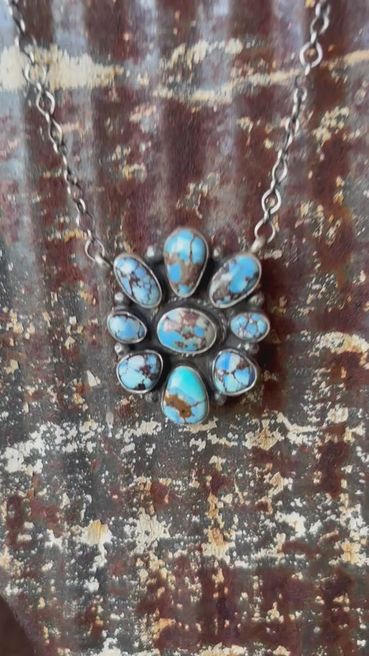 Native Handmade by Ella Peter Golden Hills Turquoise & Sterling Silver Cluster Pendant Necklace 18”